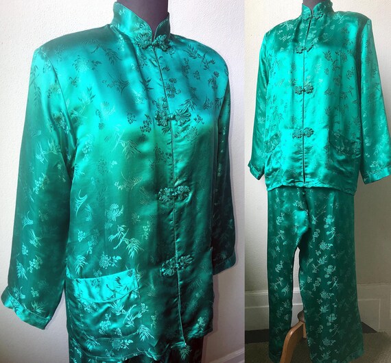 Vtg. Rich Teal Green SILK Satin Jacquard Classic C