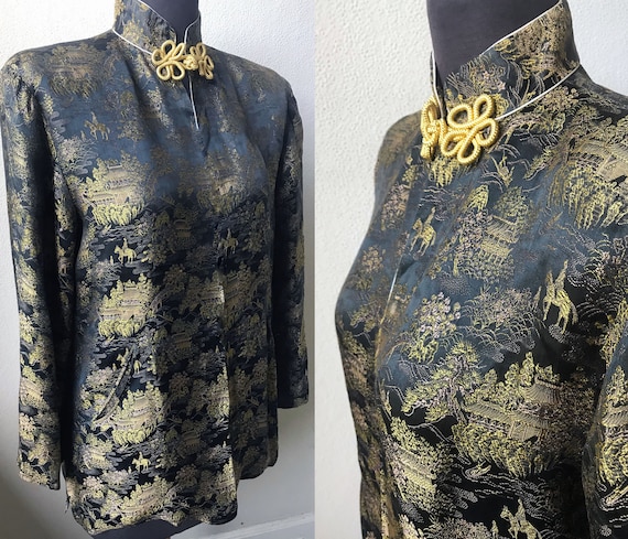 30's Vtg. Amazing Figural Asian Silk Jacquard Chin