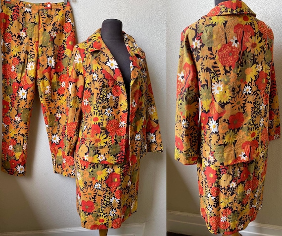 70s Flower Power 3pc. Mod Hippy Cotton Floral Dai… - image 1