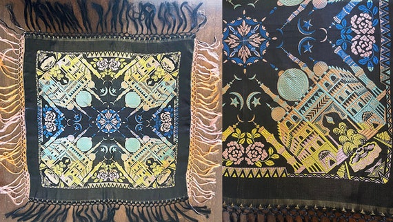 BEST W11 Vintage Fringed Taj Mahal Silk Satin Brocade Piano Shawl Scarf