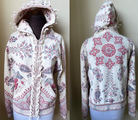 Vtg. Lucky Brand Y2K Asian Mandala Print Zipfront Hoodie Jacket W/ Pompom  Trim 