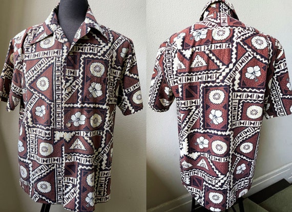 50's Cool TIKI Hawaiian Print Cotton Match Pocket… - image 1