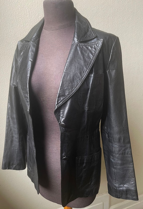 60's Cool Black Leather Big Lapel Fly Rocker Jack… - image 4