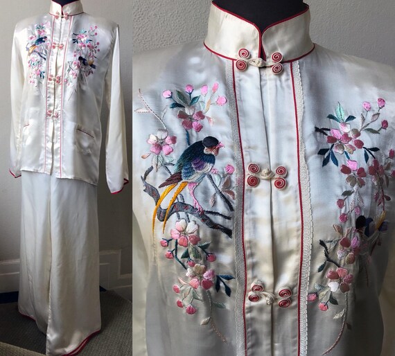 50's Flawless Hand Bird Embroidered Japanese Silk