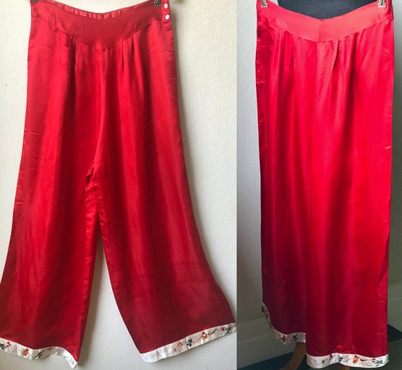 40's Crimson Red Asian Embroidered Trim Silk Satin