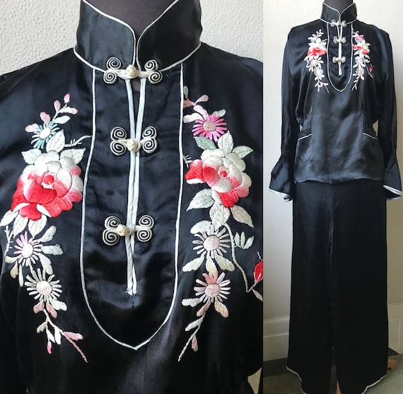 30's Japanese Rose Embroidered Black Satin Asian