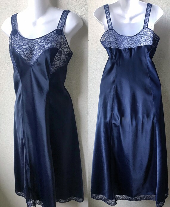 40's Superb Navy Blue Satin and Lace "Barbizon" Fu