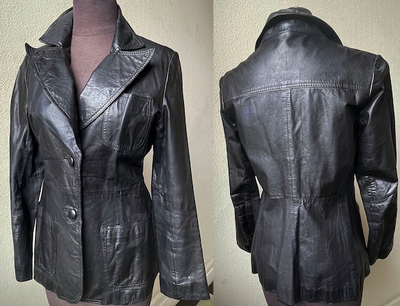 60's Cool Black Leather Big Lapel Fly Rocker Jack… - image 1