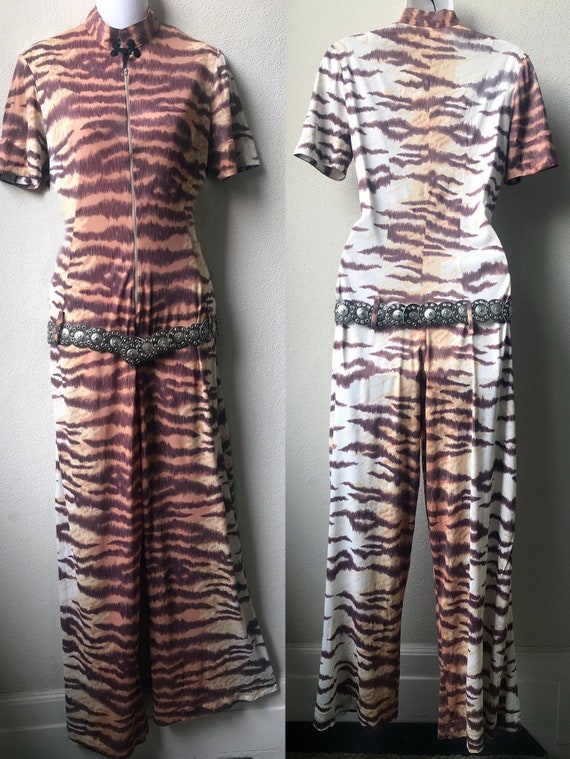 70's Sexy Cat Suit Tiger Print Zip Front Hip Belt