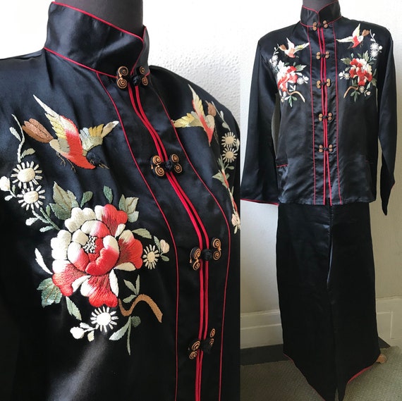 30's Luscious Silk Satin Japanese Bird Embroidere
