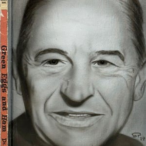 Handgemaltes Portrait von Dr. Seuss auf klassischem Buchumschlag - einzigartiges literarisches Kunstwerk