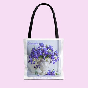 Februar Geburtsblumen Iris und Veilchen Tragetasche, Von der Natur inspiriertes Geschenk, feminines Geschenk, Geburtsmonat Tragetasche, personalisierte Tragetasche