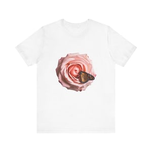 Pink Rose and Monarch Butterfly Tshirt, Feminine Floral Vibe, Gift for Nature Lovers, Gardeners, Soft Bella and Canvas Shirt,