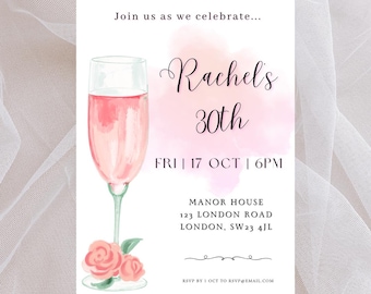 May include: Pink and white watercolor invitation for a 30th birthday party. The invitation features a glass of pink champagne and the text "Rachel's 30th" and "FRI 17 OCT | 6PM". The invitation also includes the address "MANOR HOUSE 123 LONDON ROAD LONDON, SW23 4JL" and the RSVP information "RSVP BY 1 OCT TO RSVP@EMAIL.COM".