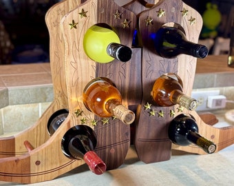 Handcrafted Wooden Boot Wine Rack: Western Decor, Holds 6 Bottles