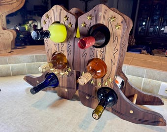 Handcrafted Western Boot Wine Rack, Walnut Wood, 6 Bottle