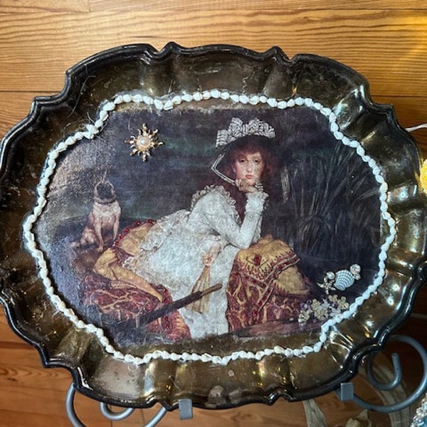 Repurposed Silver Tray, Decoupage Lady In a Boat, Home Décor