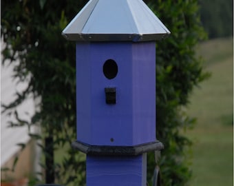 Blue bird House Handmade Metal Roof Wooden Painted Lilac Black Seaside Cottage Chic