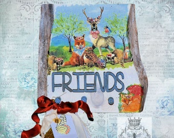 Friends Plaque for Wall Décor Decoupaged Deer and Forest Animals with Dowel Hooks