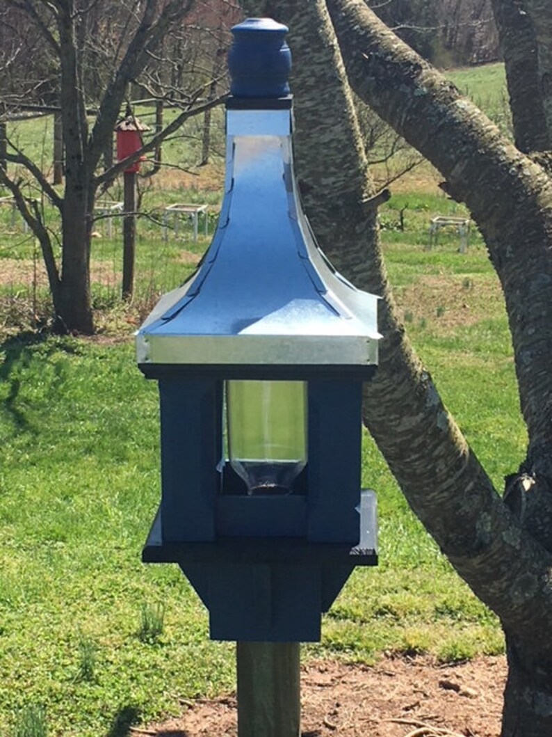 Gran comedero de aves techo de estaño azul con ribete negro | Etsy