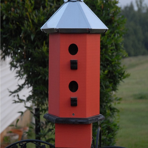 Outdoor Birdhouse Handcrafted Wood Painted Rose with Black Accent  Tin  Metal Roof