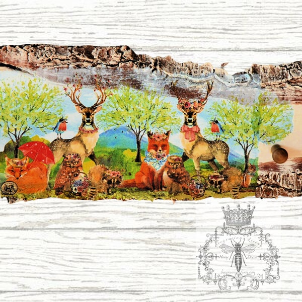 Live Edge Wooden Slab Decoupaged with Forest Animals with Dowel Hook