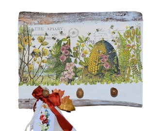 Decoupaged Slab of Wood Honeybees Beehive Wildflowers with Dowel Pin Hooks