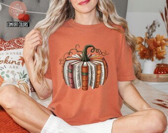 Comfort Colors® Fall Book Pumpkin T-shirt, Thanksgiving Book Reader Shirt, Autum Bookish Tees