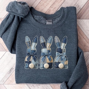 Patchwork Denim Bunny Sweatshirt, Boho Farmhouse Easter Graphic Tee