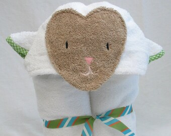 Lamb Hooded Bath Towel - Birthday or Baby Shower Present - White with Green Gingham Trim