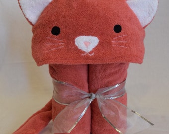 Coral Kitty Cat Hooded Bath Towel-  Perfect Birthday or Christmas gift for Infant / Toddler / Child