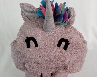 Unicorn Hooded Bath Towel- violet purple with rainbow mane & tail - Magical gift for Infant / Toddler / Child