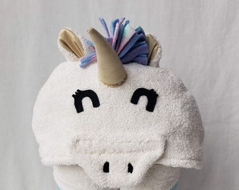 Unicorn Hooded Bath Towel- Cream Towel with rainbow mane & tail - Magical gift for Infant / Toddler / Child