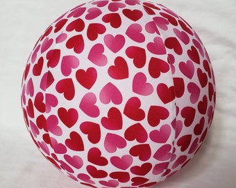 Toy Ball - Fabric Covered Balloon - READY TO SHIP Red & pink Hearts on white - Great Unique Valentines gift