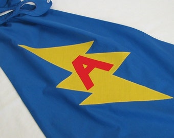 Little SUPER hero Blue Cape and Mask Set with PERSONALIZED lightning Bolt