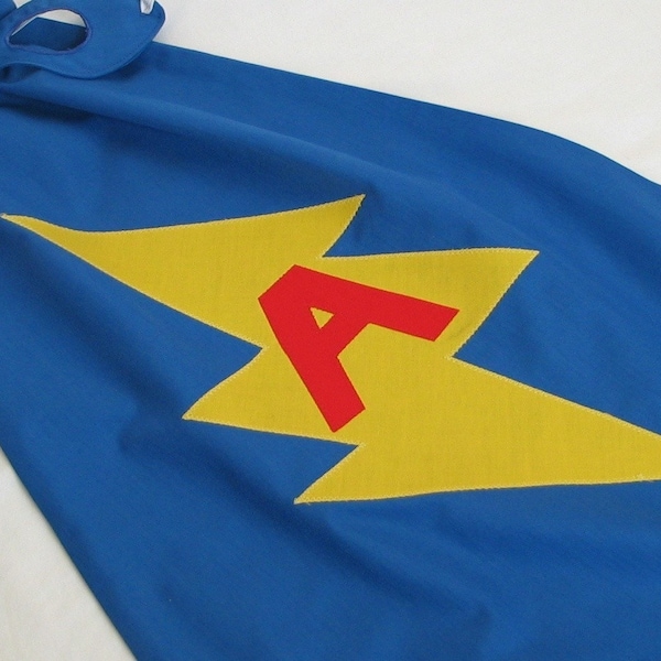 Little SUPER hero Blue Cape and Mask Set with PERSONALIZED lightning Bolt