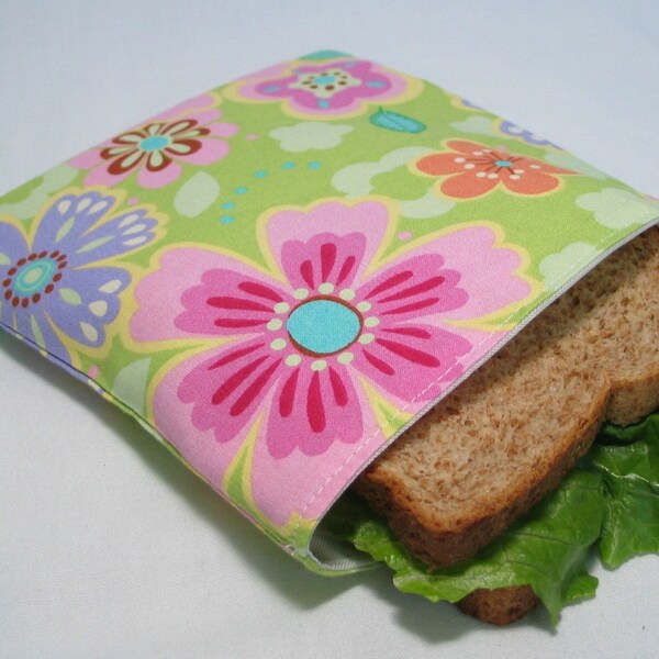 Reusable Eco Friendly Sandwich Sack Bag - Fresh Lime Green Spring Flower Print Fabric