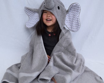 Elephant Hooded Bath Towel- Grey chevron Ears - Perfect gift for Infant / Toddler / Child