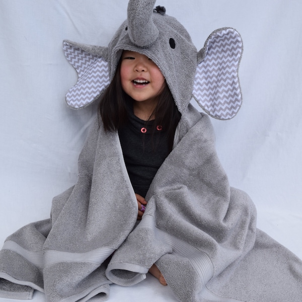 Elephant Hooded Bath Towel- Grey chevron Ears - Perfect gift for Infant / Toddler / Child