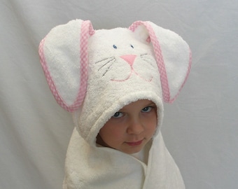 Pink Bunny Rabbit Hooded Bath Towel- pink gingham trim