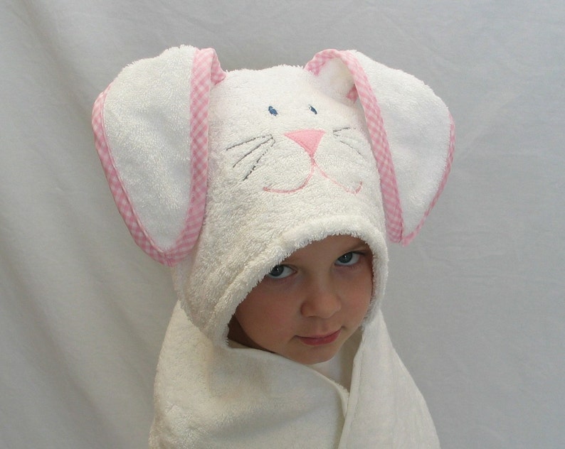Pink EASTER Bunny Rabbit Hooded Bath Towel pink gingham trim image 1