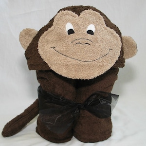 Brown Monkey Hooded Bath Towel For Infant Toddler or Children image 1