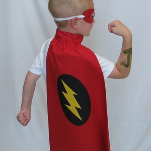 SuperHero Cape and Mask Set - RED with Lightning Bolt - Great Birthday Gift or Halloween Costume