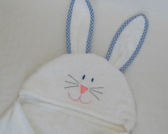 Boy Bunny Rabbit Hooded Bath Towel - BLUE gingham trim