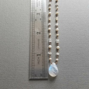 Rainbow Moonstone and Pearl Hand Knotted Necklace, Tin Cup, Delicate Gemstone Necklace image 3