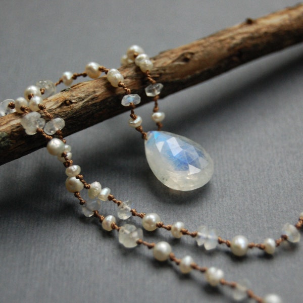 Rainbow Moonstone and Pearl Hand Knotted Necklace, Tin Cup, Delicate Gemstone Necklace