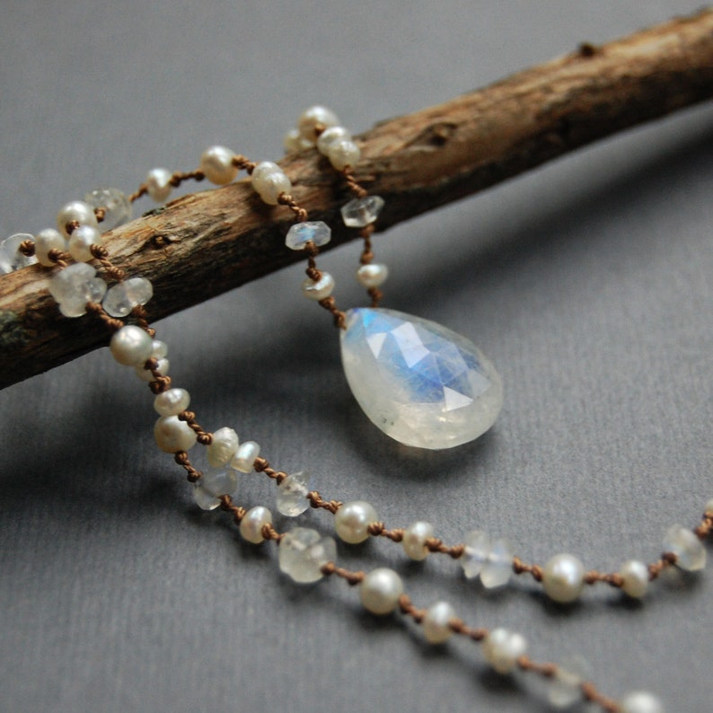 Rainbow Moonstone and Pearl Hand Knotted Necklace, Tin Cup, Delicate Gemstone Necklace image 1