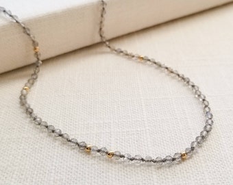 Labradorite and Scattered Gold or Silver Beads Hand Knotted Necklace, Minimalist Dainty Necklace