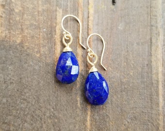 Lapis Teardrop Earrings with Coil Detail, Simple Dangle Drop Earrings