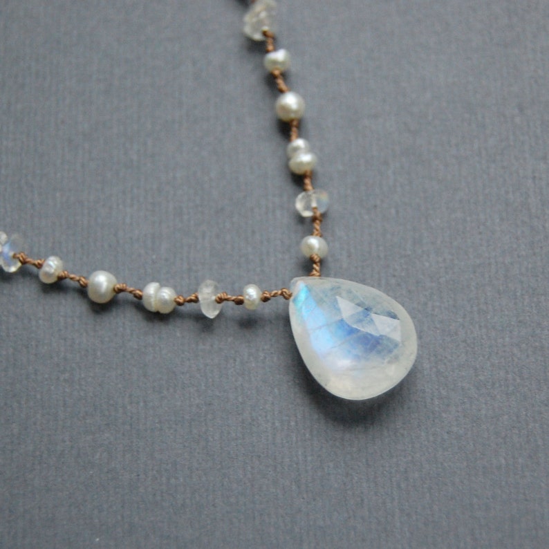 Rainbow Moonstone and Pearl Hand Knotted Necklace, Tin Cup, Delicate Gemstone Necklace image 2